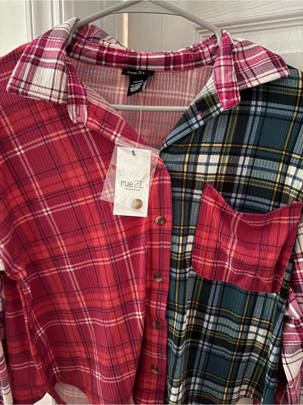 rue21 Mixed Plaid Button-Up Shirt in Red & Teal - Picture 4 of 5